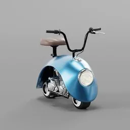 Retro-styled VolksPod 3D model, a mini bike with Beetle fenders and custom frame, in pastel blue.