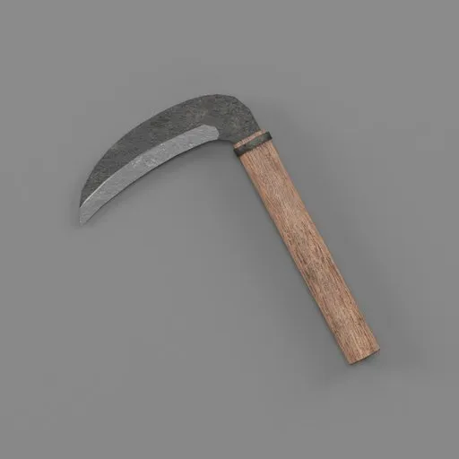 Detailed 3D sickle model with wood handle, optimized for Blender, suitable for game asset design.
