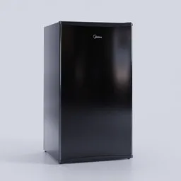 "Black Midea mini fridge for drinks, 3D model for Blender 3D. Perfect addition to gourmet environments and room compositions. Tall and slender design with CGI animation."