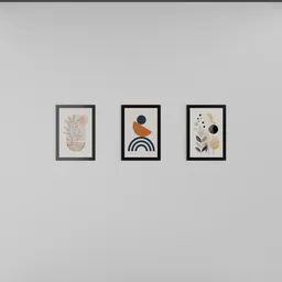 Trio of stylized Boho art framed illustrations, optimized for 3D rendering and Blender-compatible.