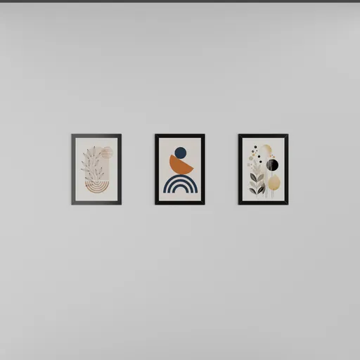 Trio of stylized Boho art framed illustrations, optimized for 3D rendering and Blender-compatible.