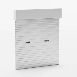 Highly detailed Blender 3D model of a closed metal rolling shutter door, designed with sleek silver finish and small rectangular windows.