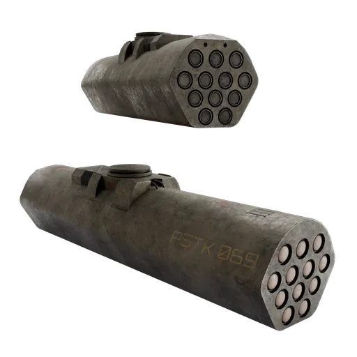 Detailed Blender 3D model of a sci-fi military universal rocket launcher with cylindrical design and multiple barrels.