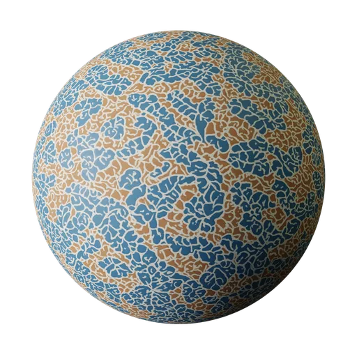 High-resolution PBR material for 3D models featuring a detailed blue and orange textile pattern suitable for Blender and other 3D applications.