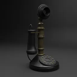 "Antique Candlestick Telephone 3D model rendered in Arnold and inspired by Vasily Vereshchagin. Textured in Substance Painter, the steampank style telephone stands on a detailed disc base and has a black background. Includes a substance designer height map for high level texture."