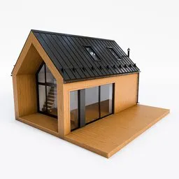 Detailed Blender 3D model of a cozy, wood-structured summerhouse with a spacious terrace.