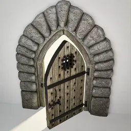 3D Blender model of a textured medieval Gothic-style wooden door with a stone arch, suitable for castles and churches.