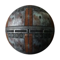 PBR texture for 3D modeling featuring a rusty sci-fi tech wall with detailed metallic wear and tear.