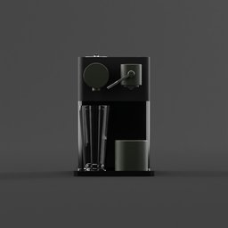 "Finely detailed black and white coffee machine 3D model inspired by Peter Zumthor and Hiroshi Sugimoto, perfect for kitchen appliance designs in Blender 3D software. Includes cups, mugs, and flasks in a dark green color scheme with acescg colorspace. A must-have for product renders and interior scenes."