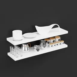"Kitchen Decoration Set: White shelf with bowls and cups on it, inspired by Antonio Donghi, rendered in 3D. Perfect for enhancing your kitchen designs in Blender 3D. Download now and rate this highly detailed asset!"