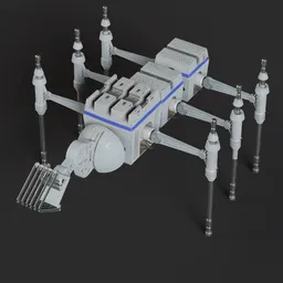 "Lowpoly industrial robot model with rigged leg empties, crane, and regulators for angle limiters. The blue-grey and white quadruped model has spider legs and a connector, ideal for AI and space-themed Blender 3D projects. Created by Brian Fies, featuring highly detailed nuclear reactor and pit droid elements."