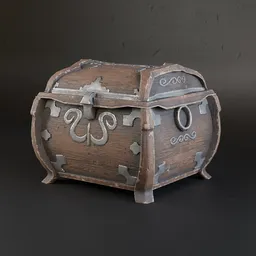 Detailed wooden treasure chest 3D model with metal accents suitable for game and virtual environments, compatible with Blender.