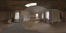 360-degree HDR panorama of a cozy, well-lit country hall interior with wooden floors and large windows.