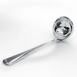 "Highly realistic and polished 3D model of a kitchen utensil soup spoon with a sleek design, perfect for Blender 3D. This rendered image showcases the spoon's transparent bowl and handle, making it an ideal choice for digital culinary projects and 3D animations. Add visual appeal to your creations with this ultra-realistic classic spoon ladle."