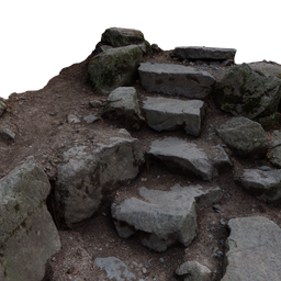 "Rocky Steps on a Hiking Trail - 3D Model for Blender 3D. Photogrammetry-based stone path leading to a hill with old stone steps, reminiscent of the Twin Peaks style. Created by Bedwyr Williams and Bholekar Srihari, with texturing by Kume Keiichiro, this panoramic anamorphic model showcases stone ruins in a deep chasm. Perfect for Canadian nature enthusiasts."