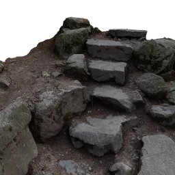 "Rocky Steps on a Hiking Trail - 3D Model for Blender 3D. Photogrammetry-based stone path leading to a hill with old stone steps, reminiscent of the Twin Peaks style. Created by Bedwyr Williams and Bholekar Srihari, with texturing by Kume Keiichiro, this panoramic anamorphic model showcases stone ruins in a deep chasm. Perfect for Canadian nature enthusiasts."