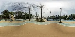 "High-resolution image of a serene, sunlit urban playground with sand, benches, and trees for 3D scene lighting"