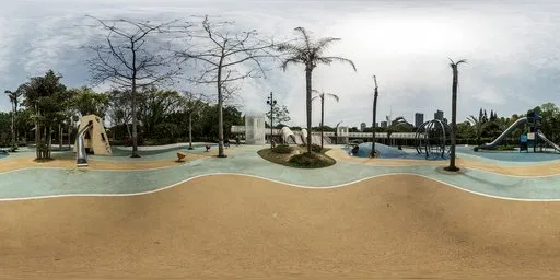 "High-resolution image of a serene, sunlit urban playground with sand, benches, and trees for 3D scene lighting"