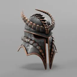 "Medieval Ghost Helmet 3D model with bronze face and black horns, designed in Blender 3D. Perfect for historic military and warriors fan art in games like Elder Scrolls VI or gladiator-style animations."