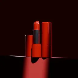 3D rendered red lipstick set with reflection, ideal for Blender modeling and product visualization.