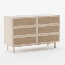 Light wooden dresser 3D model with six drawers, Blender 3D asset for interior design visualization.