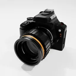 "Full-frame mirrorless black Nikon camera with 75mm lens attached, captured in 3D concept render for Blender 3D. Tilt-shifted for sharp centred focus on a single subject. An unused design with an anamorphic illustration."