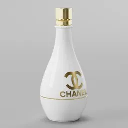 "3D model of a Chanel perfume bottle with a golden cap made of ceramic, created in Blender 3D for art and product visualization. Perfect for use in alternate reality and environment design scenes."