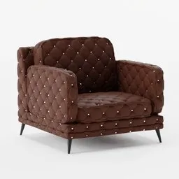 "Brown PBR Chesterfield armchair with studded arms and black legs, suitable for Blender 3D. High-quality 3D model for furniture category. Perfect for virtual metaverse rooms and art enthusiasts, trending on ArtStation."