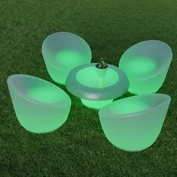 "Cityspace inspired Puff Led and Table 3D model for Blender 3D. Highly detailed rounded forms with soft curvy shapes, featuring glowing lights on chairs and a giant orchid flower in a grassy green field. Perfect for creating futuristic or urban scenes."