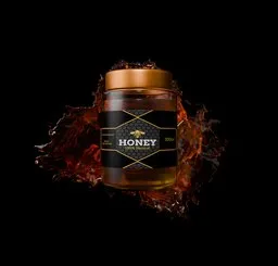Photorealistic 3D honey jar model with dynamic liquid splash, rendered for product visualization and advertising.