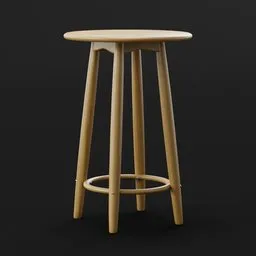3D-rendered high bar table with circular top and wooden legs optimized for Blender modeling in a restaurant-bar scene.