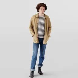 3D male model in casual French-inspired attire with striped sweater and camel jacket, posed standing with hands in pockets.