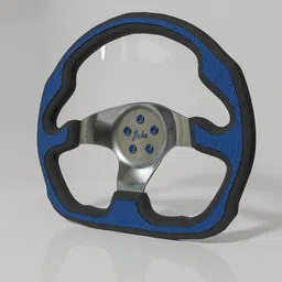 3D rendered sports steering wheel with blue accents, designed in Blender, suitable for vehicle modeling and simulation.