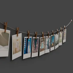 Polaroid photos on a string 3D model, perfect for Blender rendering, with customizable photo feature.