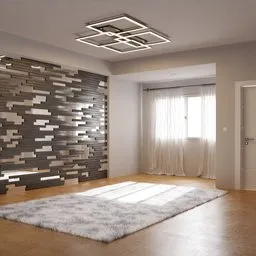 Photorealistic 3D model of a customizable modern bedroom with unique wall textures, natural lighting, and a shaggy rug.