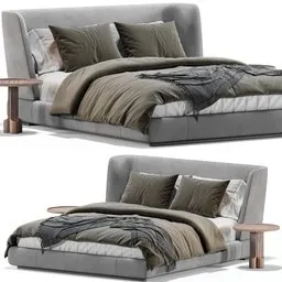 "Bed reeves by Minotti 3D model in Blender format. Featuring a mature color scheme inspired by Francesco Cozza, the bed has a gunmetal grey tone and is detailed with 324,104 polys. The image showcases a close-up of the bed with a wooden table and grey cover, rendered with Cycles in a centred position."