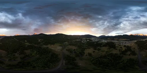 Vibrant aerial HDR panorama capturing a glorious sunrise over a serene Canadian landscape with dynamic lighting.