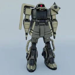 "Zaku MKII Desert robot model with grey and gold color palette, rigged and ready for use in Blender 3D. Featuring military outfit, boots, and a red light on its head, this monochrome 3D creature adds personality to any project."