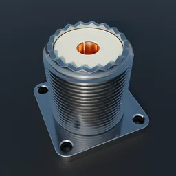 "Highly detailed So-239 3D model, an industrial exterior component with a metal object featuring a hole in the middle. Perfect for Blender 3D projects and inspired by Andrei Riabovitchev, this connector showcases intricate gearwheels and a diode design. A popular 50 Ohms Coax connector beloved by professionals since the 1930s, this accurate representation is ideal for your next Blender 3D creation."