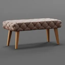 "Stylized Bench with Wooden Legs and Quilted Seat for Blender 3D: A close-up of a tufted bench featuring a brown and pink color scheme. Rendered in Scandinavian style, this 3D model showcases elegant wooden legs and a softly quilted seat, perfect for adding charm to your scene. Find it in the 'pouf' category on BlenderKit."
