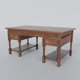"Antique Desk - A highly detailed 3D model of a turn-of-the-century desk with a shelf, inspired by Károly Ferenczy's colonial style. Made for Blender 3D software, this official product image showcases wood furnishings and a pointillist aesthetic. Trending at cgstation and popular on sketchfab, it is perfect for your Blender 3D projects."