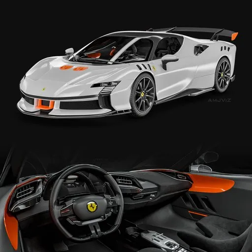 Highly detailed SF90 Ferrari 3D model with realistic interior, ideal for Blender rendering projects, modifiable topology.