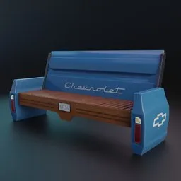 "Outdoor furniture 3D model - Bench truck with a blue wooden seat and name, perfect for man cave decor and garage furniture. Created in Blender 3D software and inspired by Charles Fremont Conner and Richard Rockwell designs."