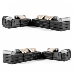"High Quality Modern Black Leather Sofa with Pillows for Blender 3D - Diorama-style Model with Tables and Walls. Multiple Views Available of the Bold 3D Design Set Inside a Bank."