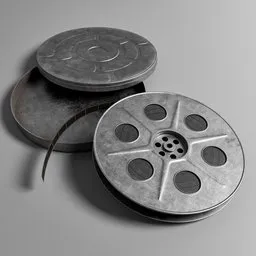 "Blender 3D model of a movie film reel with storage case used in cinemas. 3D animated design with creative commons attribution, depicting stills from a silent movie and supporting characters. Perfect for photography projects."
