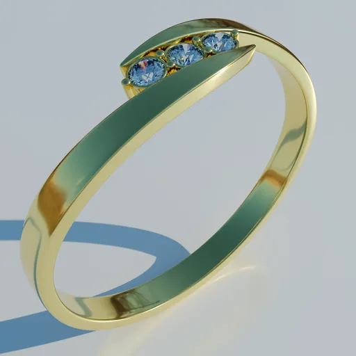 Detailed Blender 3D model showcasing a polished gold band with a trio of sparkling diamonds set in elegant design.