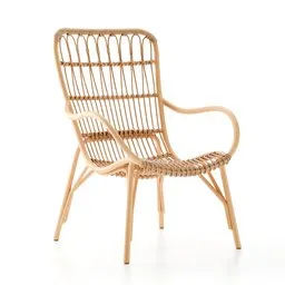 Detailed 3D render of a synthetic wicker lounge chair, modern yet traditional design, perfect for patio visuals.