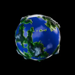 Detailed Blender 3D animated planet model with blue oceans, green landmasses, and dynamic clouds.