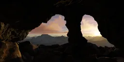 Realistic 3D-modeled rocky cave interior with photorealistic textures and HDRI mountain backdrop.