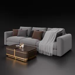 Highly detailed Blender 3D model of a fabric three-seater sofa with pillows and a wooden coffee table with minimalistic decorations.